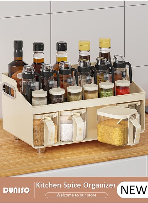 Kitchen Spice Organizer, Drawer Spice Racks with Spoon and Lid, 4-Cell Seasoning Storage Box with Top Table and Handle, PP Container for Salt Sugar Pepper Spice