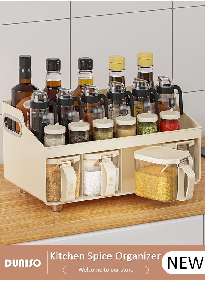 DUNISO Kitchen Spice Organizer, Drawer Spice Racks with Spoon and Lid, 4-Cell Seasoning Storage Box with Top Table and Handle, PP Container for Salt Sugar Pepper Spice  - Image 1