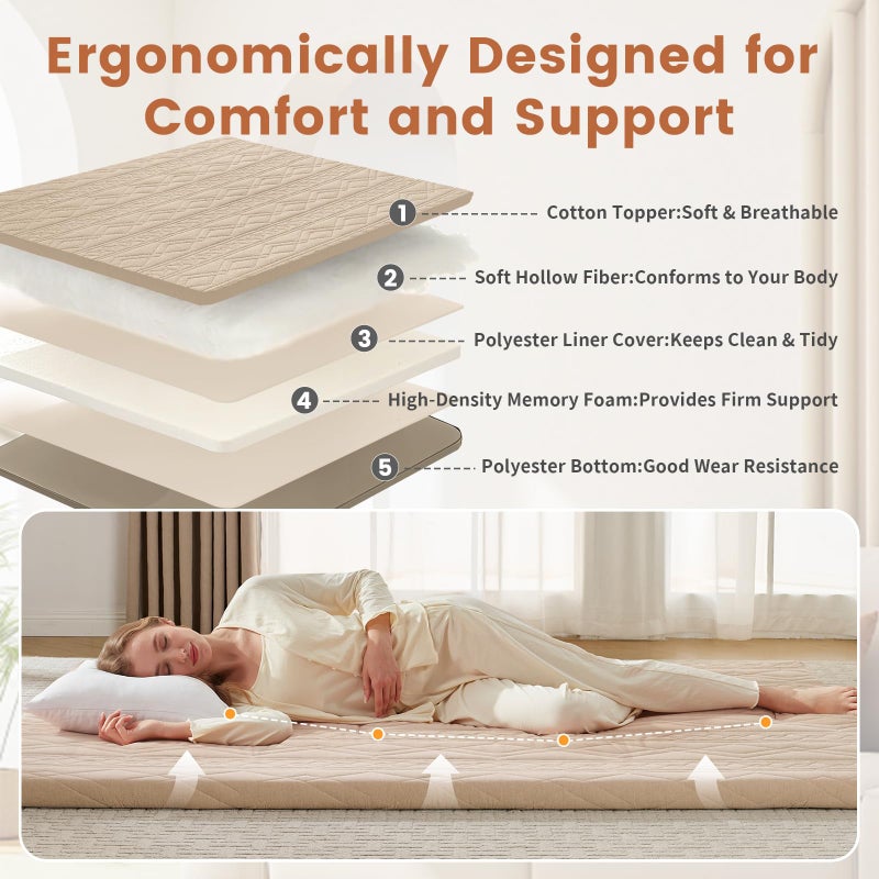 Mollydot Japanese Floor Mattress Futon Mattress, 100% Cotton Washable Cover, Roll Up 2.5" Thick Tatami Mat, Portable & Foldable Floor Bed Mattress for Sleeping, Guest Room, Dormitory (Full, Coffee) - Image 2