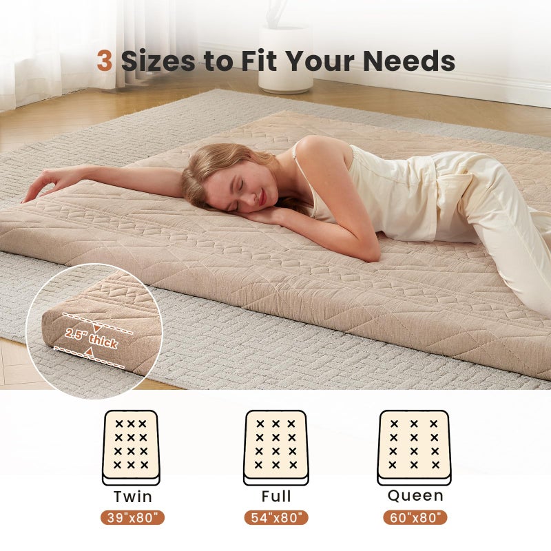 Mollydot Japanese Floor Mattress Futon Mattress, 100% Cotton Washable Cover, Roll Up 2.5" Thick Tatami Mat, Portable & Foldable Floor Bed Mattress for Sleeping, Guest Room, Dormitory (Full, Coffee) - Image 5
