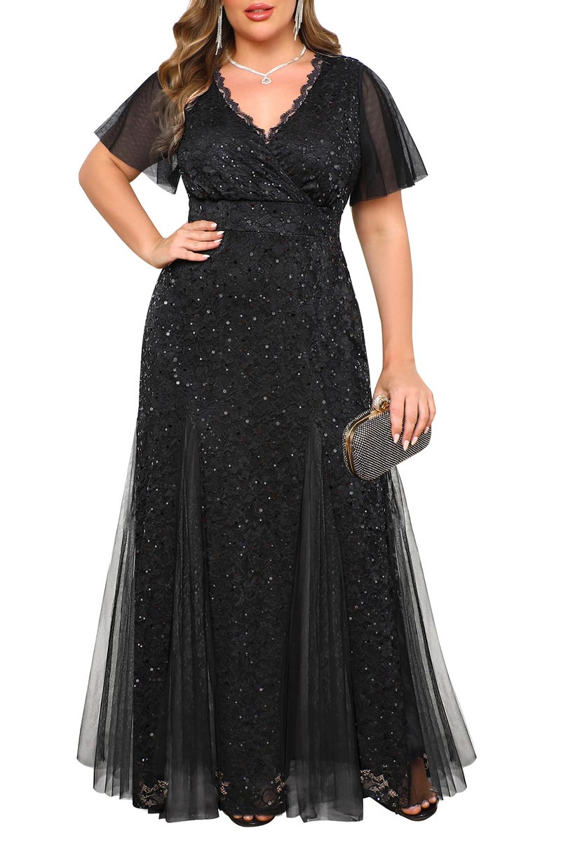 Talisea Plus Size Formal Dresses for Women Black Prom Evening Gowns Sequin Gala Wedding Guest Mermaid Tulle Hem Long Dress - Image 1