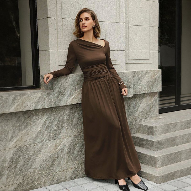 Dark Brown One-Shoulder Ruched Waist Maxi Dress - Image 4