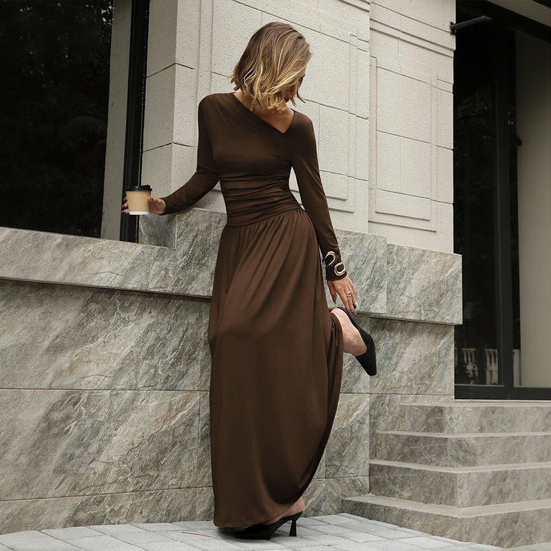 Dark Brown One-Shoulder Ruched Waist Maxi Dress - Image 3