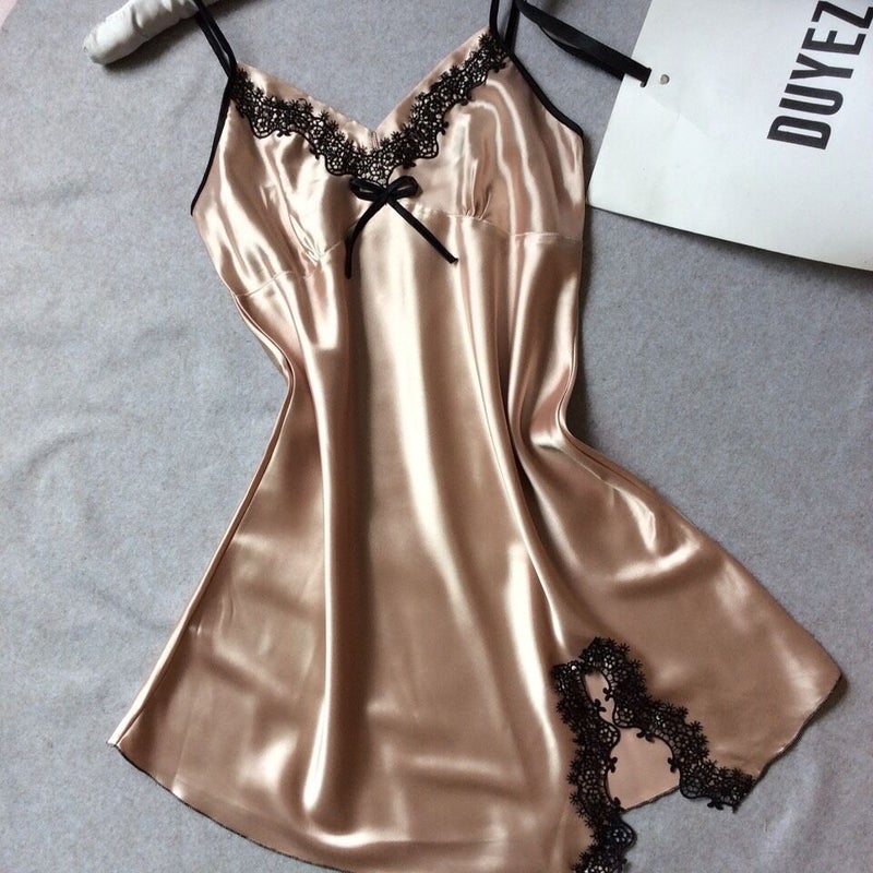 Ai Ju Si Women's Satin Silk Cami Nightdress V-Neck Sleeveless Short Homewear Summer Sleepwear - Image 2