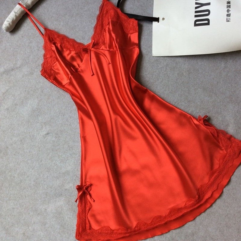 Ai Ju Si Women's Satin Silk Cami Nightdress V-Neck Sleeveless Short Homewear Summer Sleepwear - Image 1