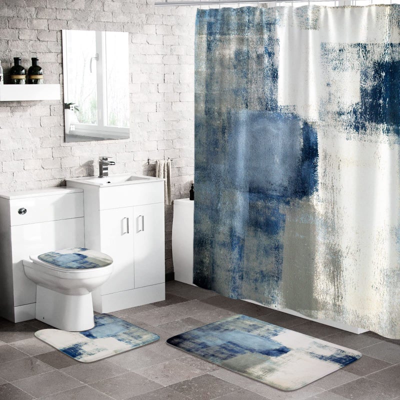 MitoVilla 4 Pcs Navy Blue Ombre Shower Curtain Sets with Rugs for Bathroom Decor Navy Grey Bathroom Sets with Shower Curtain and Rugs Rustic Grunge Bathroom Curtain Set with Mats Bathroom Decor