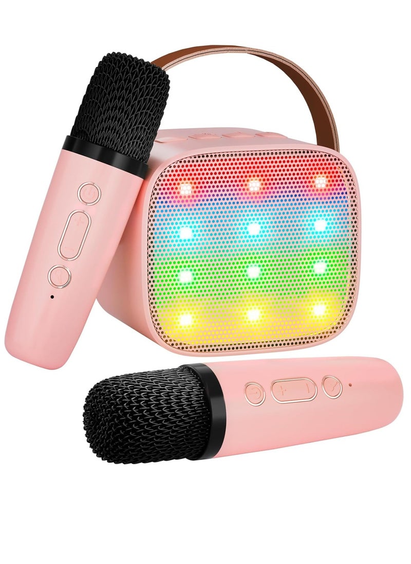 MJZ Kids Karaoke Machine, Mini Portable Bluetooth Speaker with 2 Wireless Microphones, Mini Karaoke Machine with Colorful Lights Kids Toys Birthday Gift Pink  - Image 1