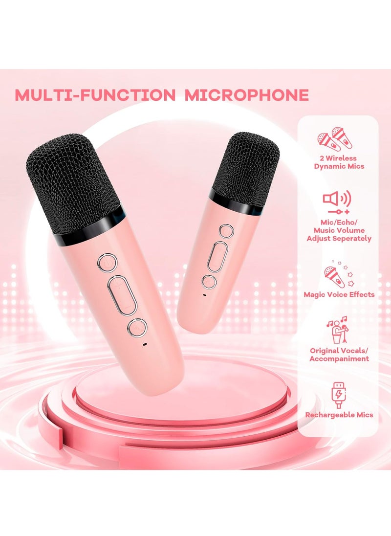 MJZ Kids Karaoke Machine, Mini Portable Bluetooth Speaker with 2 Wireless Microphones, Mini Karaoke Machine with Colorful Lights Kids Toys Birthday Gift Pink  - Image 2