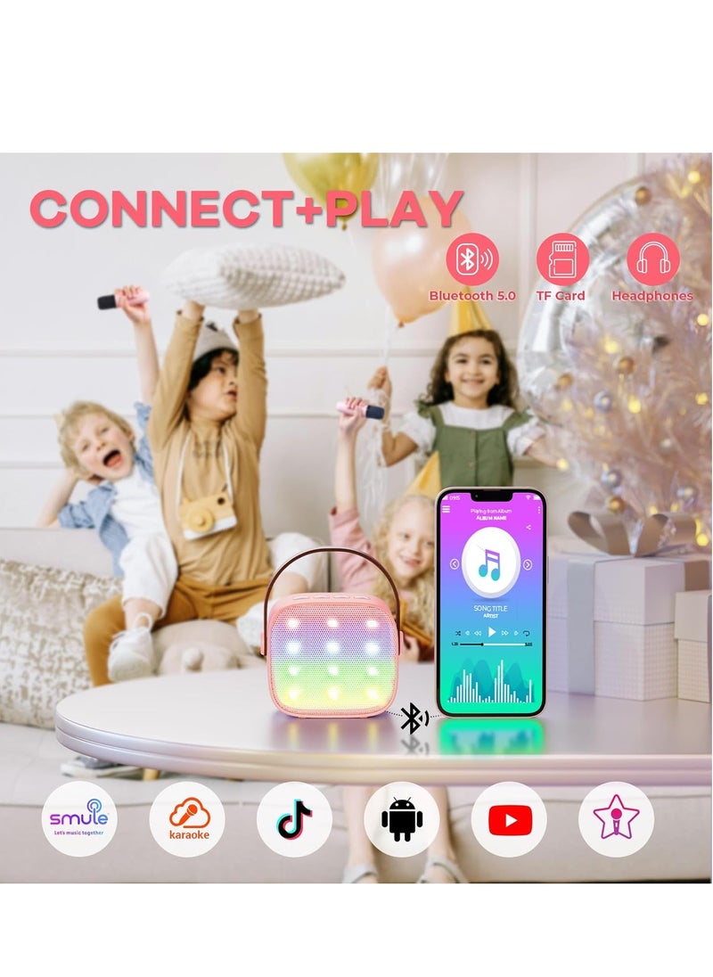 MJZ Kids Karaoke Machine, Mini Portable Bluetooth Speaker with 2 Wireless Microphones, Mini Karaoke Machine with Colorful Lights Kids Toys Birthday Gift Pink  - Image 3