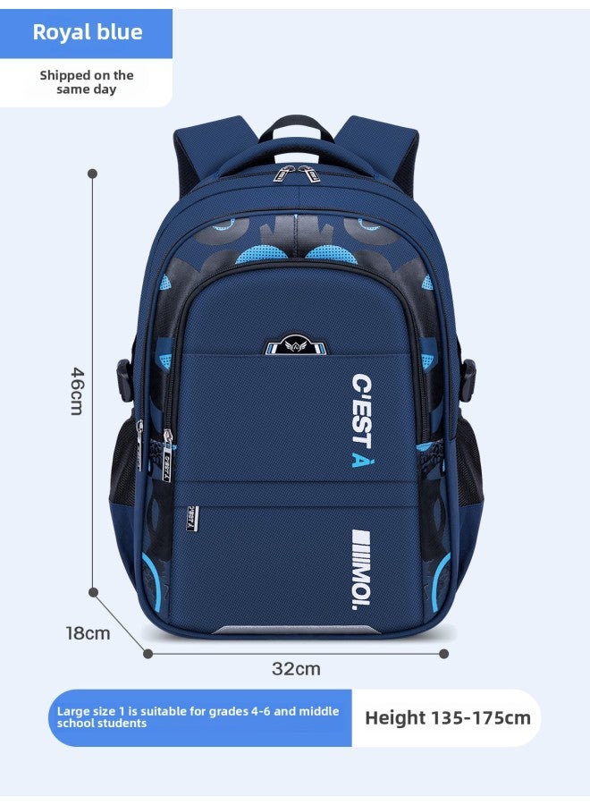 Leather Backpack For Primary School Students Embroidered School Logo Name Tag-Color:Large Sapphire Blue (suitable For Grade 4-6 And Middle School Students)-Size:Single Schoolbag - Image 1