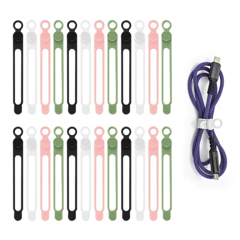 Silicone Cable Ties 24-Piece 4.2-Inch 4-Color Set Secure Locking Stay-On Design - Reusable Washable Lint-Free Cord Organizer for Home Office Travel Digital Nomads - Image 1