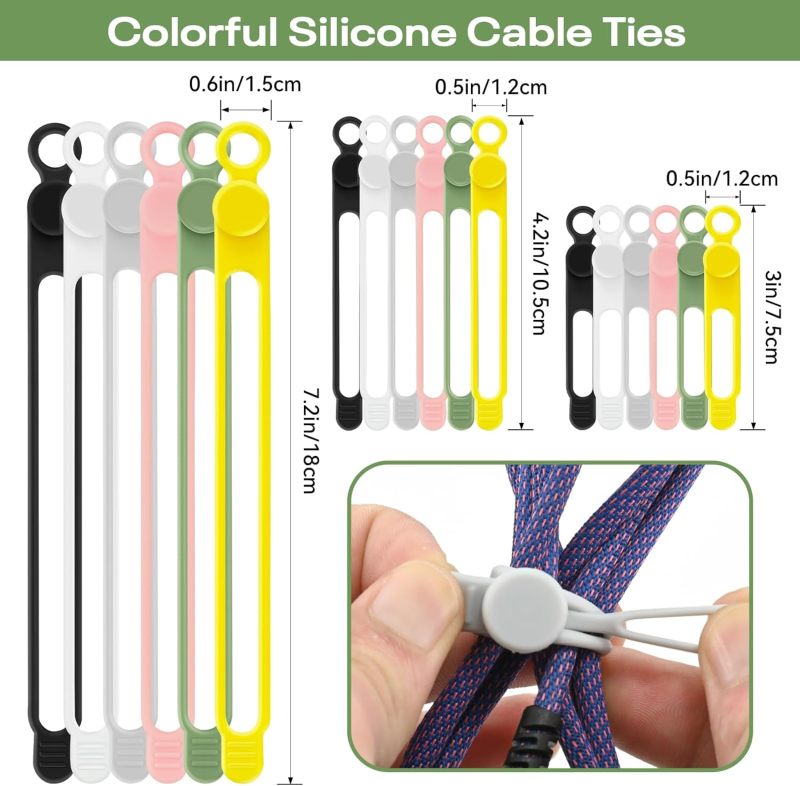 Silicone Cable Ties 24-Piece 4.2-Inch 4-Color Set Secure Locking Stay-On Design - Reusable Washable Lint-Free Cord Organizer for Home Office Travel Digital Nomads - Image 2