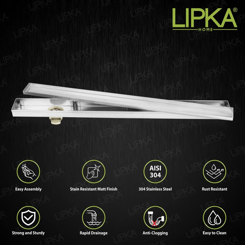 Lipka قناة تصريف دش مع إدخال رخام LIPKA | 40 × 3 بوصة | تصريف أرضي طويل من الفولاذ المقاوم للصدأ من الدرجة 304 لمناطق الحمام والدش | مصفاة مياه رخامية غير مرئية بسمك 21 مم مع ثقب جانبي وفخ للصراصير - Image 3