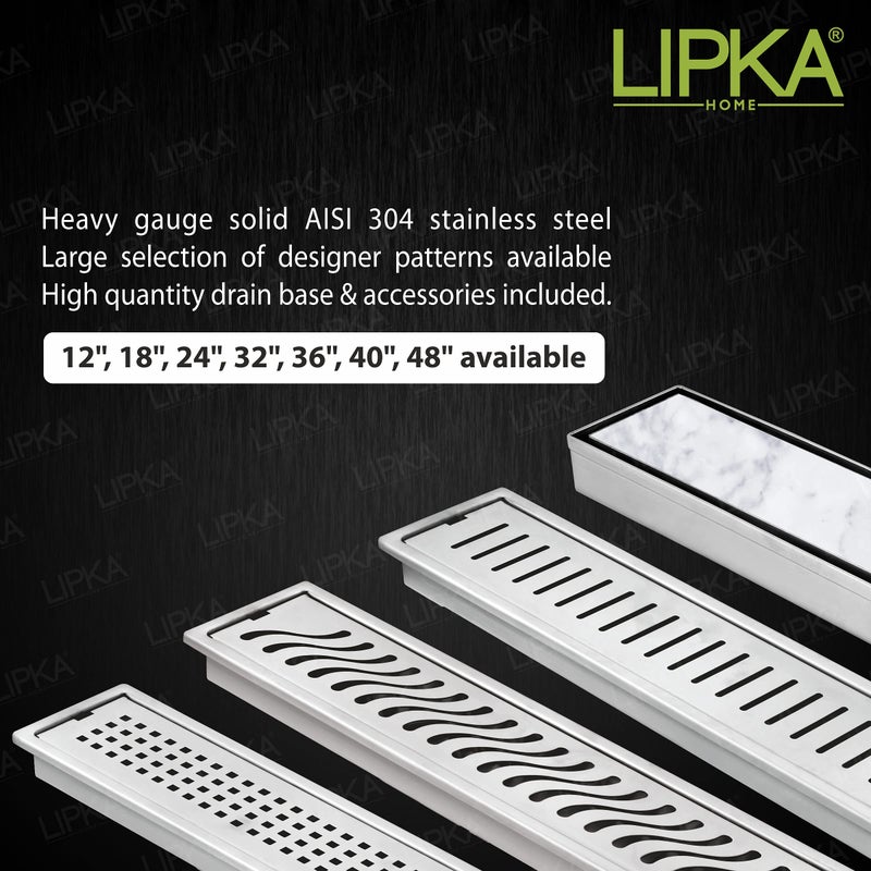 Lipka قناة تصريف دش مع إدخال رخام LIPKA | 40 × 3 بوصة | تصريف أرضي طويل من الفولاذ المقاوم للصدأ من الدرجة 304 لمناطق الحمام والدش | مصفاة مياه رخامية غير مرئية بسمك 21 مم مع ثقب جانبي وفخ للصراصير - Image 5