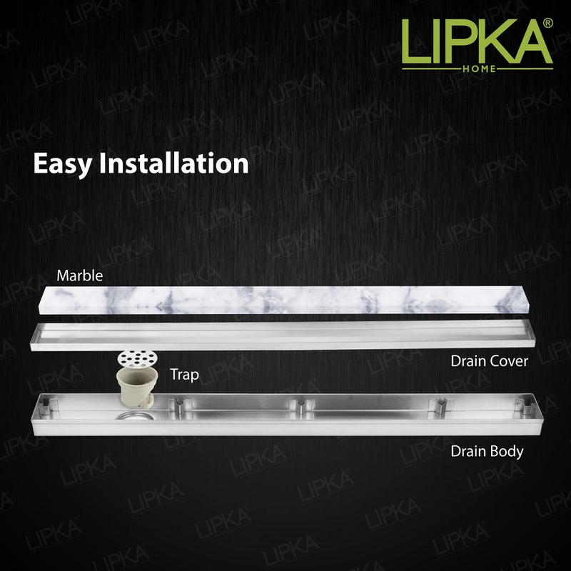 Lipka قناة تصريف دش مع إدخال رخام LIPKA | 40 × 3 بوصة | تصريف أرضي طويل من الفولاذ المقاوم للصدأ من الدرجة 304 لمناطق الحمام والدش | مصفاة مياه رخامية غير مرئية بسمك 21 مم مع ثقب جانبي وفخ للصراصير - Image 4