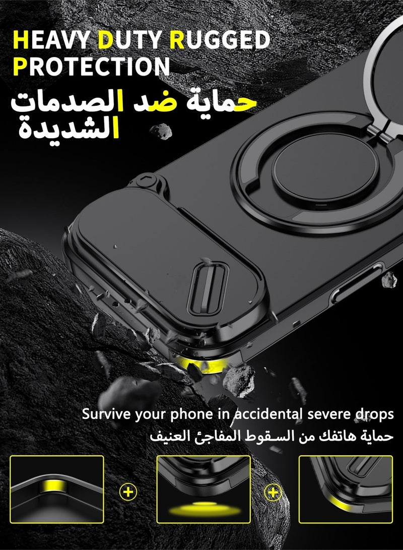 عش زي غلاف آيفون 17 Air بغطاء كاميرا منزلق، ملمس ناعم، مغناطيس MagSafe، حامل حلقة دوارة 360 درجة، حماية ضد الصدمات مع وسائد هوائية بارتفاع خفيف عند الزوايا، أسود، 1 قطعة - Image 3