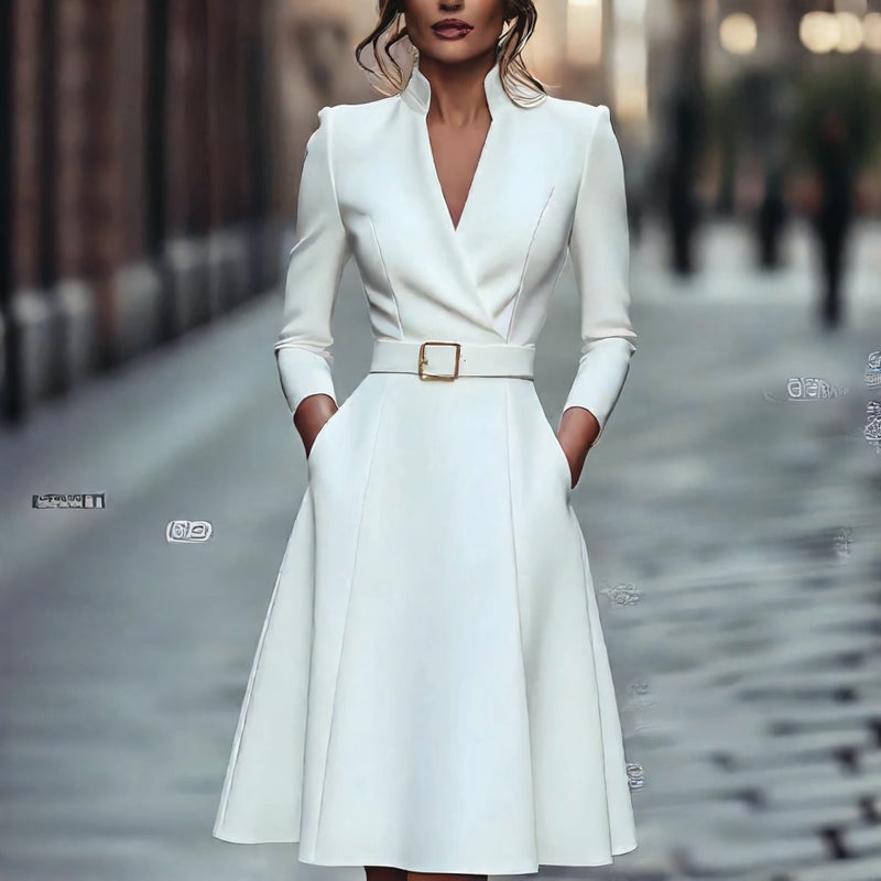 فستان بقبة V وأكمام طويلة بقصة A-line - Image 3