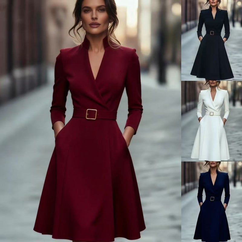 فستان بقبة V وأكمام طويلة بقصة A-line - Image 1