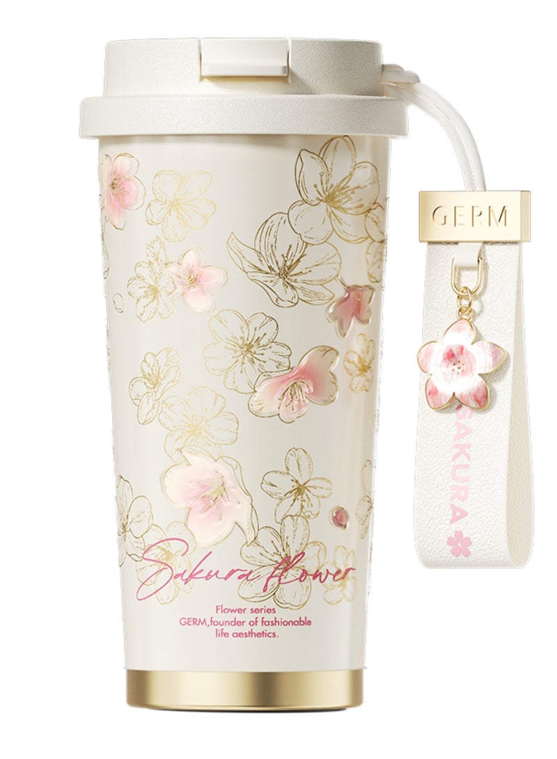 Sakura Shining Coffee Tumbler 500ml | GERM Flower Collection Stainless Steel Vacuum Flask with Straw Lid | BPA-Free Leak-Proof Travel Mug | Reusable Insulated Hot & Cold Drink Cup | Elegant Cherry Blossom Design
