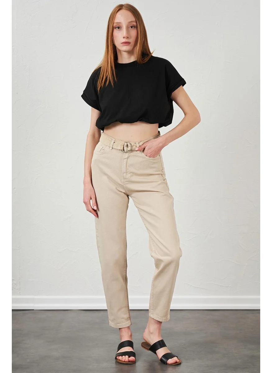Tena Women's Stone Waisted Gabardine Basic Trousers with Self-Belt