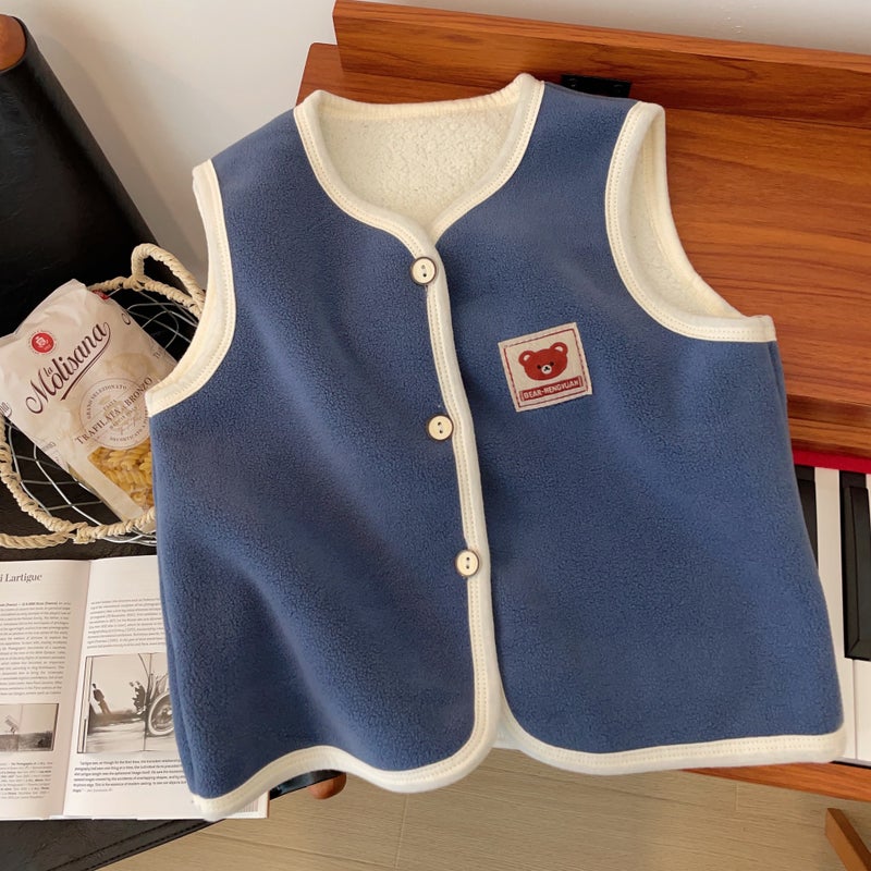 2023 Winter Childrens thickened polar fleece vest outer wear double-sided fleece-lined warm boys and girls vest double-layer autumn and winter Blue - Image 1