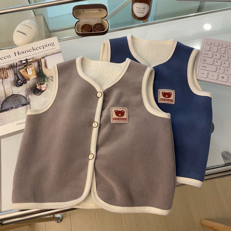 2023 Winter Childrens thickened polar fleece vest outer wear double-sided fleece-lined warm boys and girls vest double-layer autumn and winter Blue - Image 2