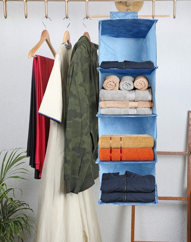 Kuber Industries Heart Home Laheriya Print Non Woven Hanging 4 Shelves Foldable WardrobeCloset Cloth Organizer BlueKUBMART15342  - Image 2