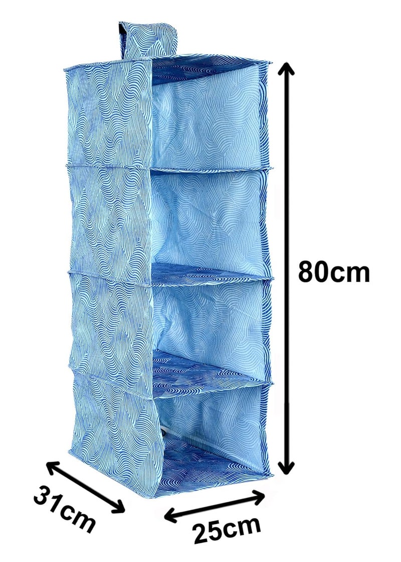 Kuber Industries Heart Home Laheriya Print Non Woven Hanging 4 Shelves Foldable WardrobeCloset Cloth Organizer BlueKUBMART15342  - Image 3