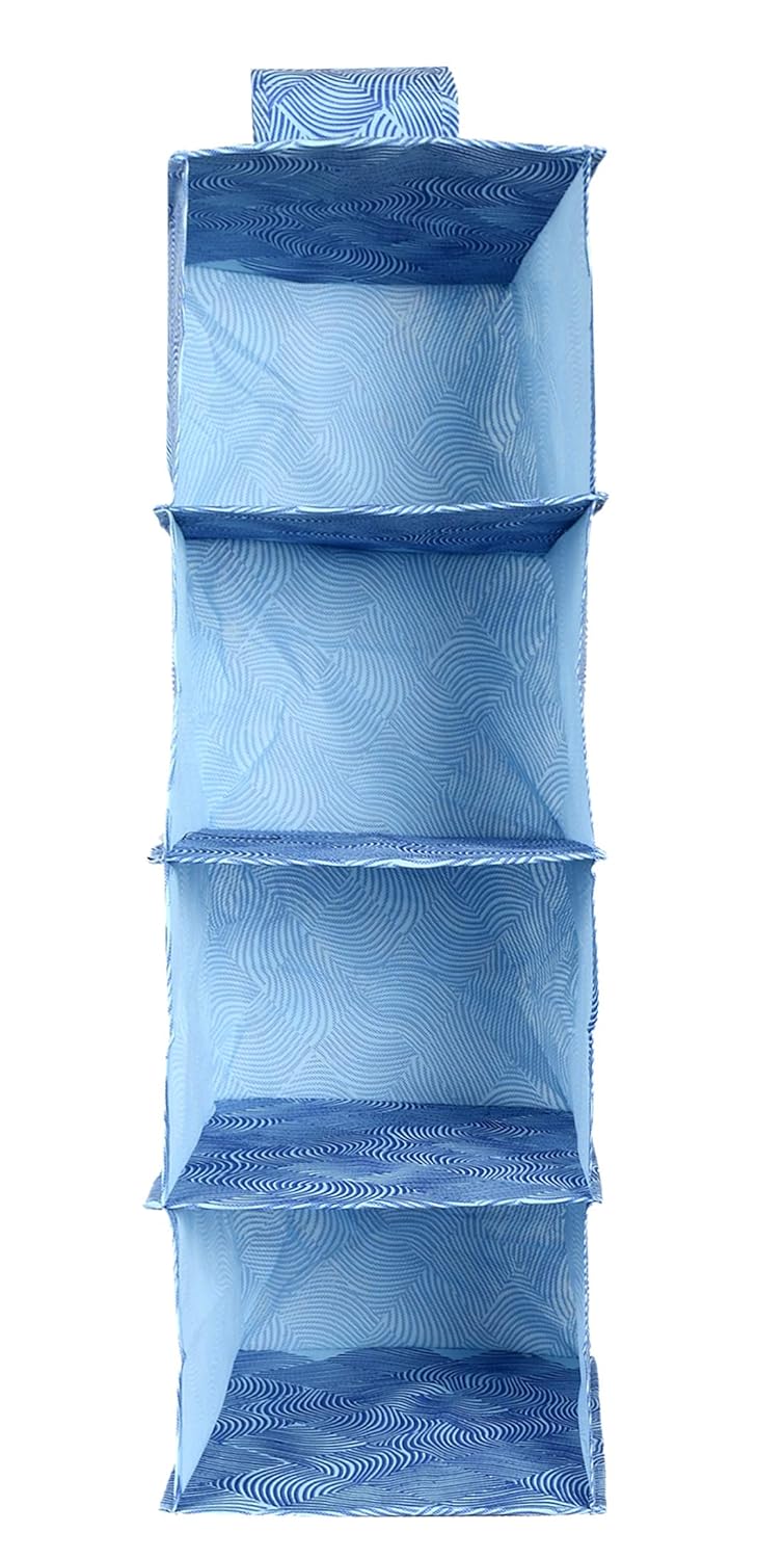 Kuber Industries Heart Home Laheriya Print Non Woven Hanging 4 Shelves Foldable WardrobeCloset Cloth Organizer BlueKUBMART15342  - Image 4