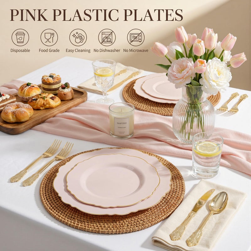 WDF 100pcs Pink Plastic Plates - High-end Baroque Design - Pink and Gold Plates - Including 50 Disposable Plate 10.25inch, 50Salad Plate 7.5inch for Wedding Baby Shower Spring Birthday Easter - Image 2