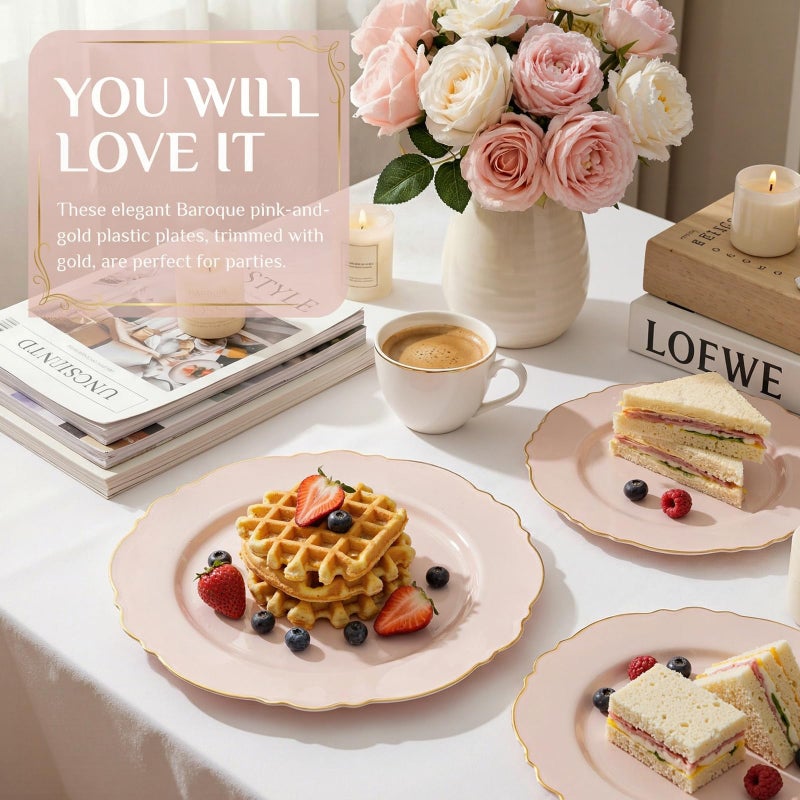 WDF 100pcs Pink Plastic Plates - High-end Baroque Design - Pink and Gold Plates - Including 50 Disposable Plate 10.25inch, 50Salad Plate 7.5inch for Wedding Baby Shower Spring Birthday Easter - Image 3