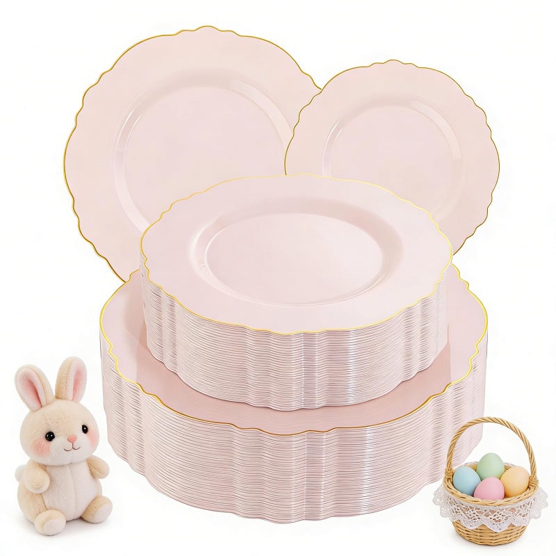 WDF 100pcs Pink Plastic Plates - High-end Baroque Design - Pink and Gold Plates - Including 50 Disposable Plate 10.25inch, 50Salad Plate 7.5inch for Wedding Baby Shower Spring Birthday Easter - Image 1