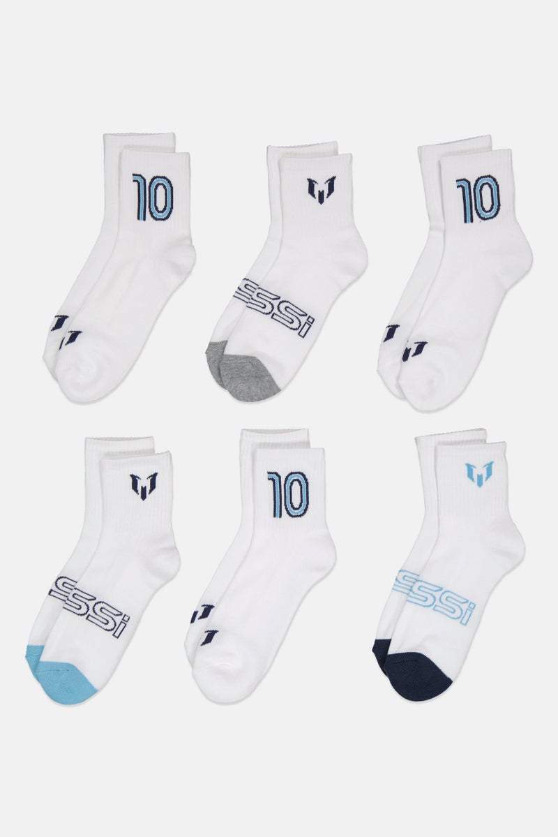 MESSI Men 6 Pairs Brand Logo Cushioned Shortie Crews Socks, White - Image 3