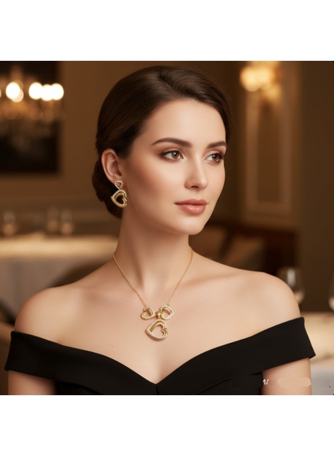 U7 Elegant Gold Heart Necklace & Earrings Set with Crystals  Golden Double Heart Pendant Jewelry Set for Women  Dazzling Heart-Shaped Necklace and Earring Set – Gold Finish - Image 3
