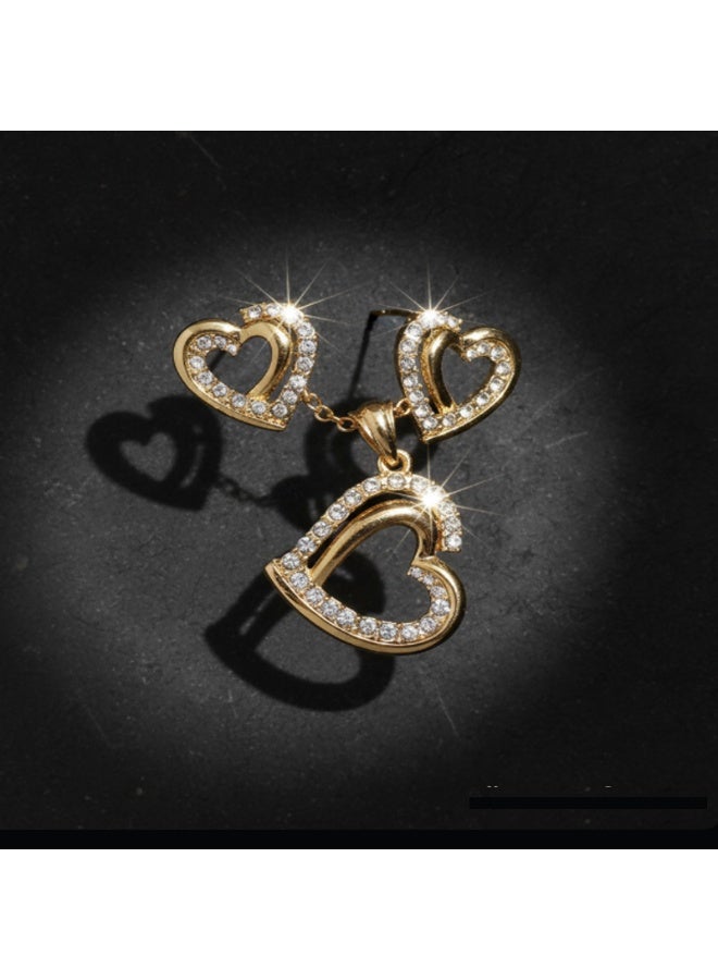 U7 Elegant Gold Heart Necklace & Earrings Set with Crystals  Golden Double Heart Pendant Jewelry Set for Women  Dazzling Heart-Shaped Necklace and Earring Set – Gold Finish - Image 2