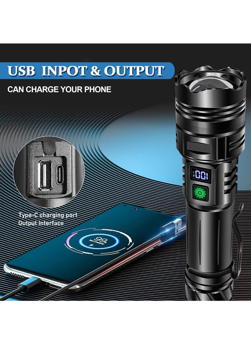 LED Torch Rechargeable Flashlights High lumens, Super Bright 200000LM Flashlight with Digital Power Display and 5 Modes, Waterproof Zoomable Flashlight for Emergency, Outdoor
