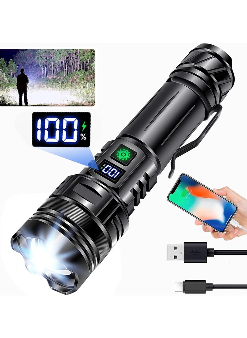 LED Torch Rechargeable Flashlights High lumens, Super Bright 200000LM Flashlight with Digital Power Display and 5 Modes, Waterproof Zoomable Flashlight for Emergency, Outdoor