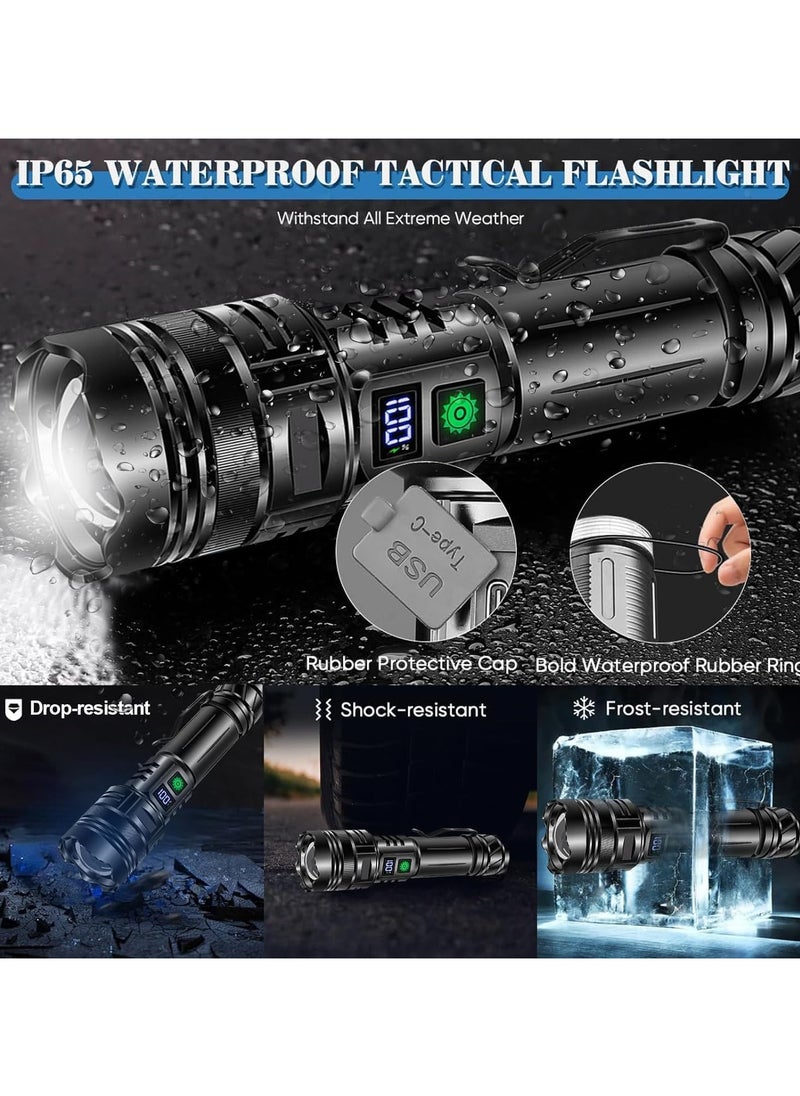 LED Torch Rechargeable Flashlights High lumens, Super Bright 200000LM Flashlight with Digital Power Display and 5 Modes, Waterproof Zoomable Flashlight for Emergency, Outdoor