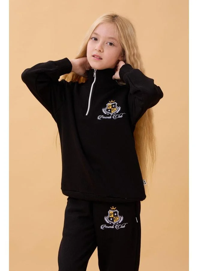 Perendi Girl's High-Collar Zippered Embroidered Seasonal Tracksuit Set – Black.