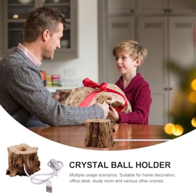 Wooden Stump Shaped Crystal Ball Stand with White Led Light Base Usb Powered Lighted Crystal Ball Holder for Home Office Desk Study Room - Image 3