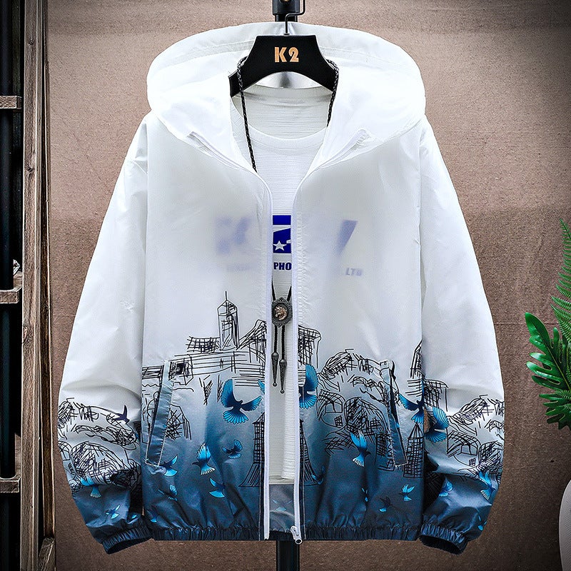 Generic New summer sun protection clothing mens lightweight breathable hooded gradient skin clothing Outdoor Fishing Couple sun protection clothing women Bird light blue