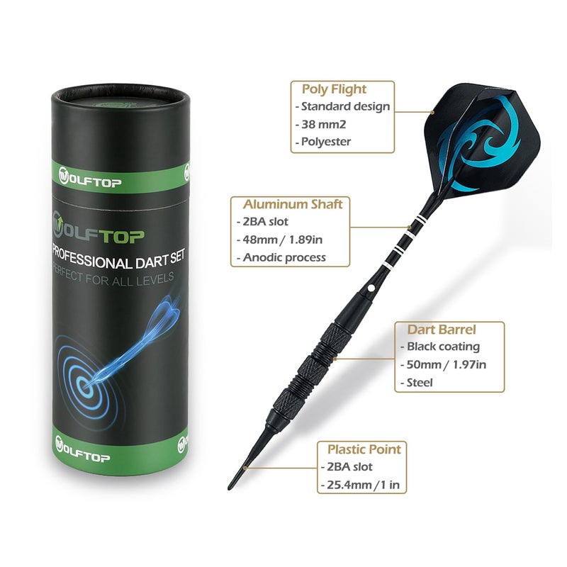 Wolftop 12 Pack Soft Tip Darts 18 Grams - Professional Darts Plastic Tip Set for Electronic Dart Board - Aluminum Shafts, Standard Dart Flights and Extra Dart Tips - Image 3