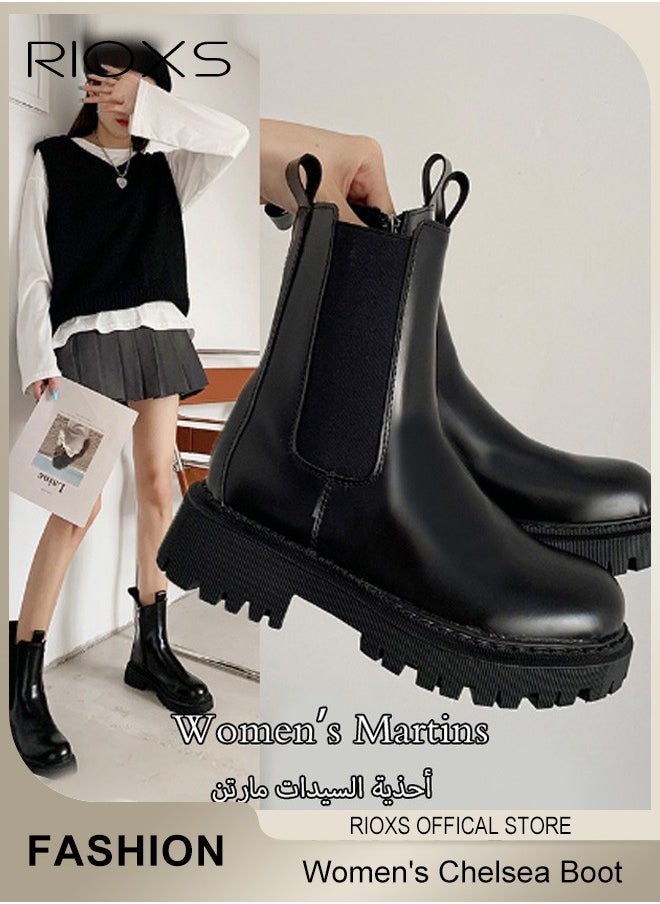 RIOXS Women's Chelsea Boot, Fashion Short Patent Leather Boots, Thick Sole Casual Shoes For Women, Chelsea Boots With Comfortable Insoles, Chunky Platform Ankle Boots, Round Toe Booties Pair With Pants And Dress  - Image 1