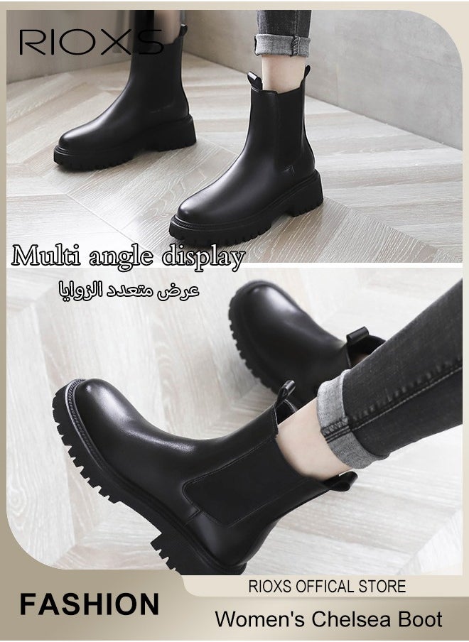 RIOXS Women's Chelsea Boot, Fashion Short Patent Leather Boots, Thick Sole Casual Shoes For Women, Chelsea Boots With Comfortable Insoles, Chunky Platform Ankle Boots, Round Toe Booties Pair With Pants And Dress  - Image 3