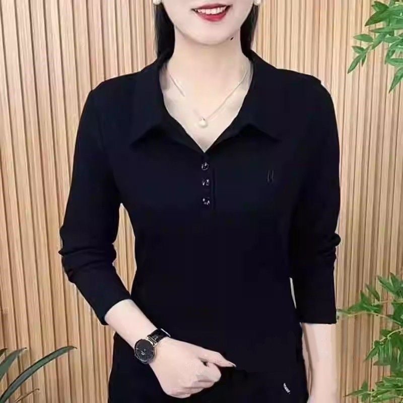 T-Shirt For Women, Fashion, Stylish And Simple Solid Color, Long-Sleeve Embroidered Slimming Polo Collar Base Shirt - Image 3