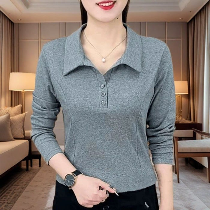 T-Shirt For Women, Fashion, Stylish And Simple Solid Color, Long-Sleeve Embroidered Slimming Polo Collar Base Shirt - Image 1