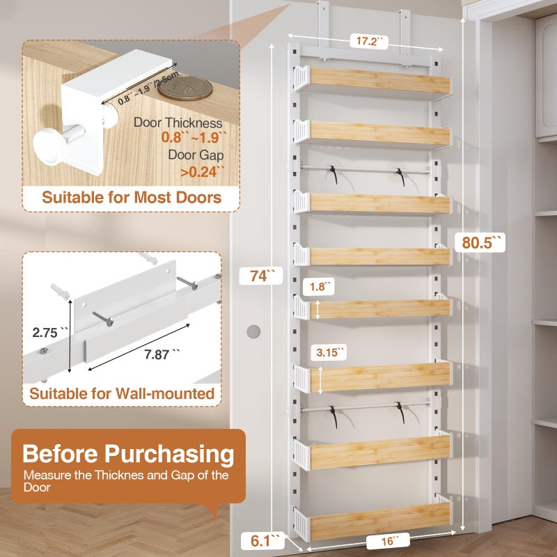 DAOTENGQL 8-Tier Over The Door Pantry Organizer, Heavy-Duty Metal Wall Mount or Hanging Spice Rack, behind the door storage Shelves with Adjustable Basket, Back of Door Organizer for Kitchen Cabinet and Closet - Image 2