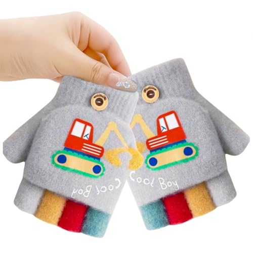 SOLDTRUE Baby Wool Soft Gloves | Mini Buldozor Design 2-in-1 Convertible Full & Half Finger Mittens | Warm, Windproof & Winter Gloves for Kids 4-9 Years, Ideal for Christmas & Birthday (Grey) - Image 1