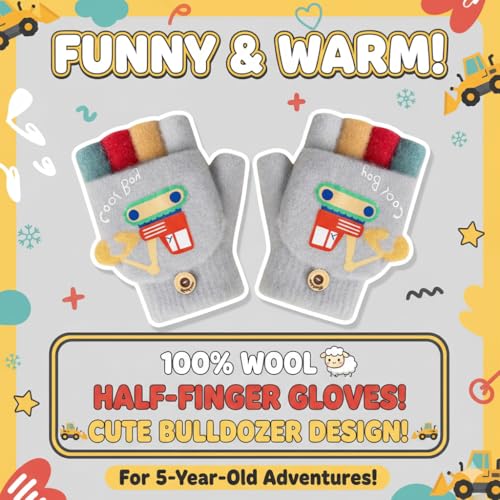 SOLDTRUE Baby Wool Soft Gloves | Mini Buldozor Design 2-in-1 Convertible Full & Half Finger Mittens | Warm, Windproof & Winter Gloves for Kids 4-9 Years, Ideal for Christmas & Birthday (Grey) - Image 2