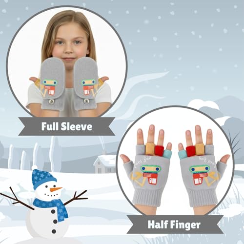 SOLDTRUE Baby Wool Soft Gloves | Mini Buldozor Design 2-in-1 Convertible Full & Half Finger Mittens | Warm, Windproof & Winter Gloves for Kids 4-9 Years, Ideal for Christmas & Birthday (Grey) - Image 3
